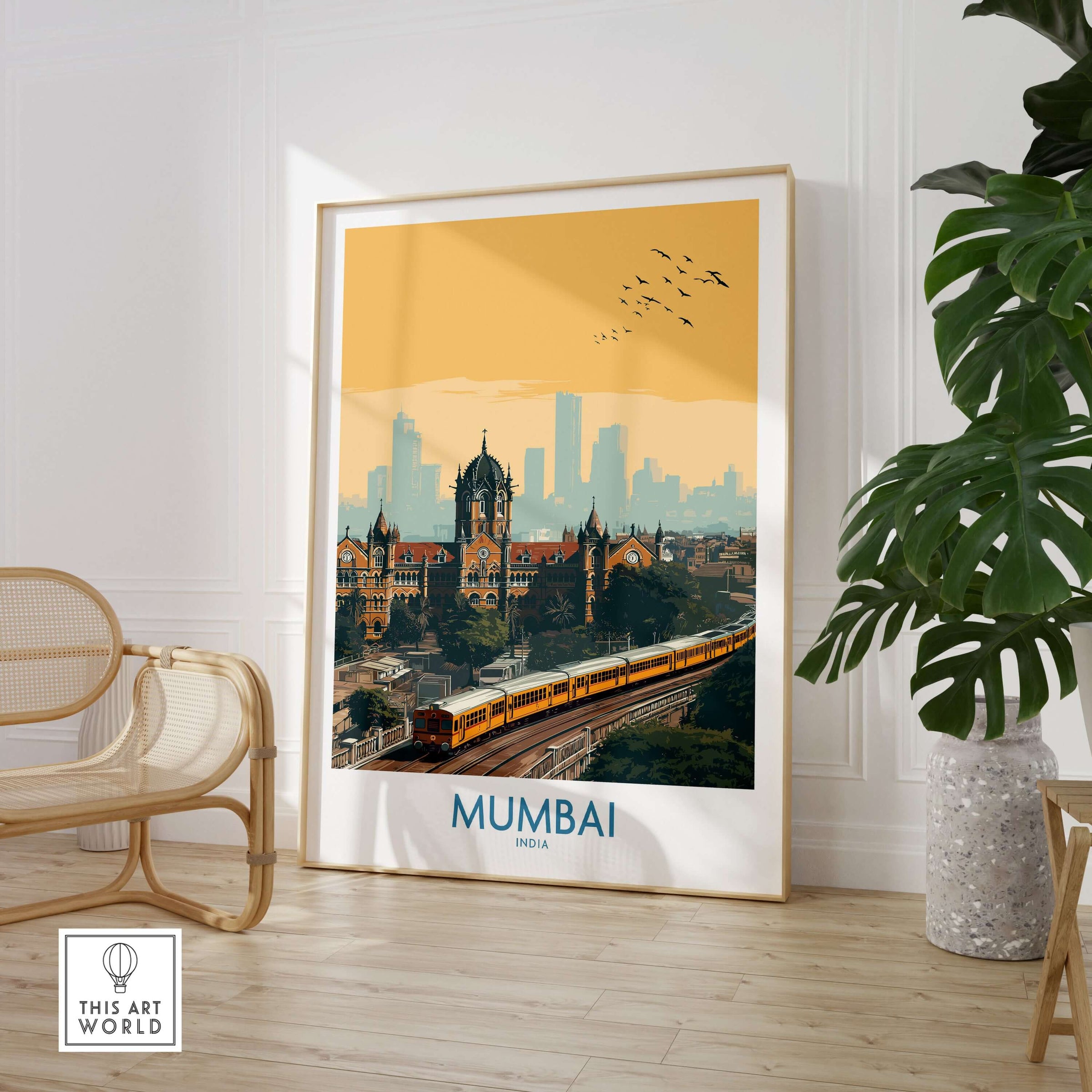 Mumbai India Wall Art - Urban India Travel Decor showcasing city skyline and train in vibrant colors.