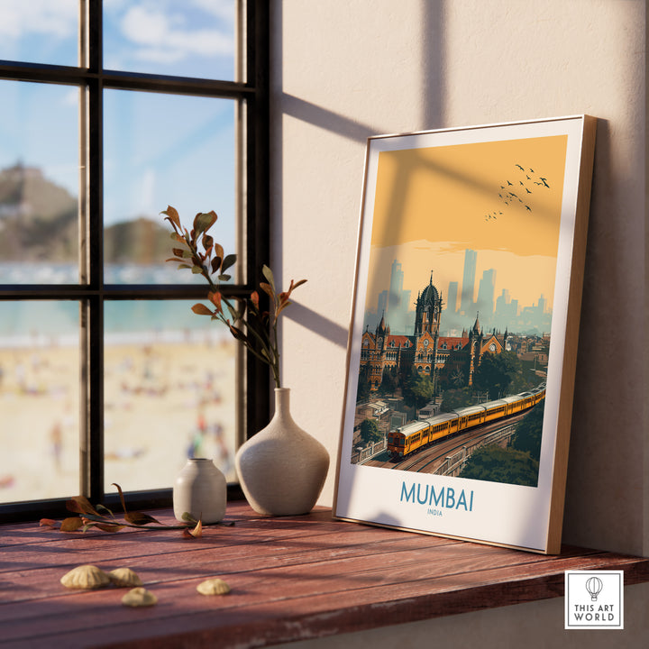 Mumbai wall art displaying vibrant cityscape and train, perfect urban travel decor for home.