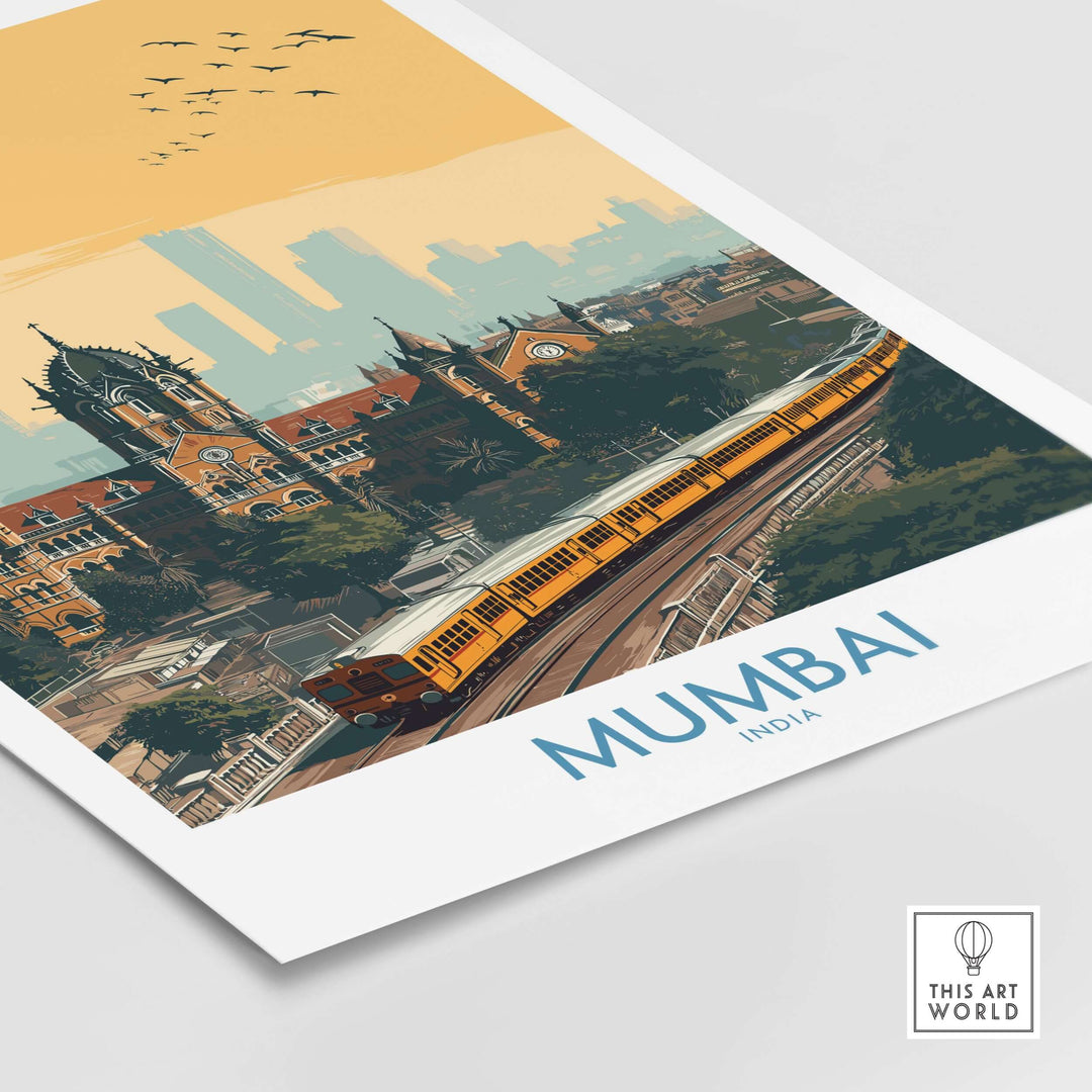 Mumbai wall art showcasing iconic cityscape with train, capturing urban charm and vibrant energy of India.