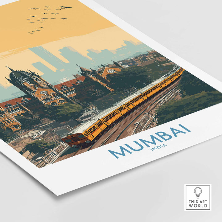 Mumbai wall art showcasing iconic cityscape with train, capturing urban charm and vibrant energy of India.