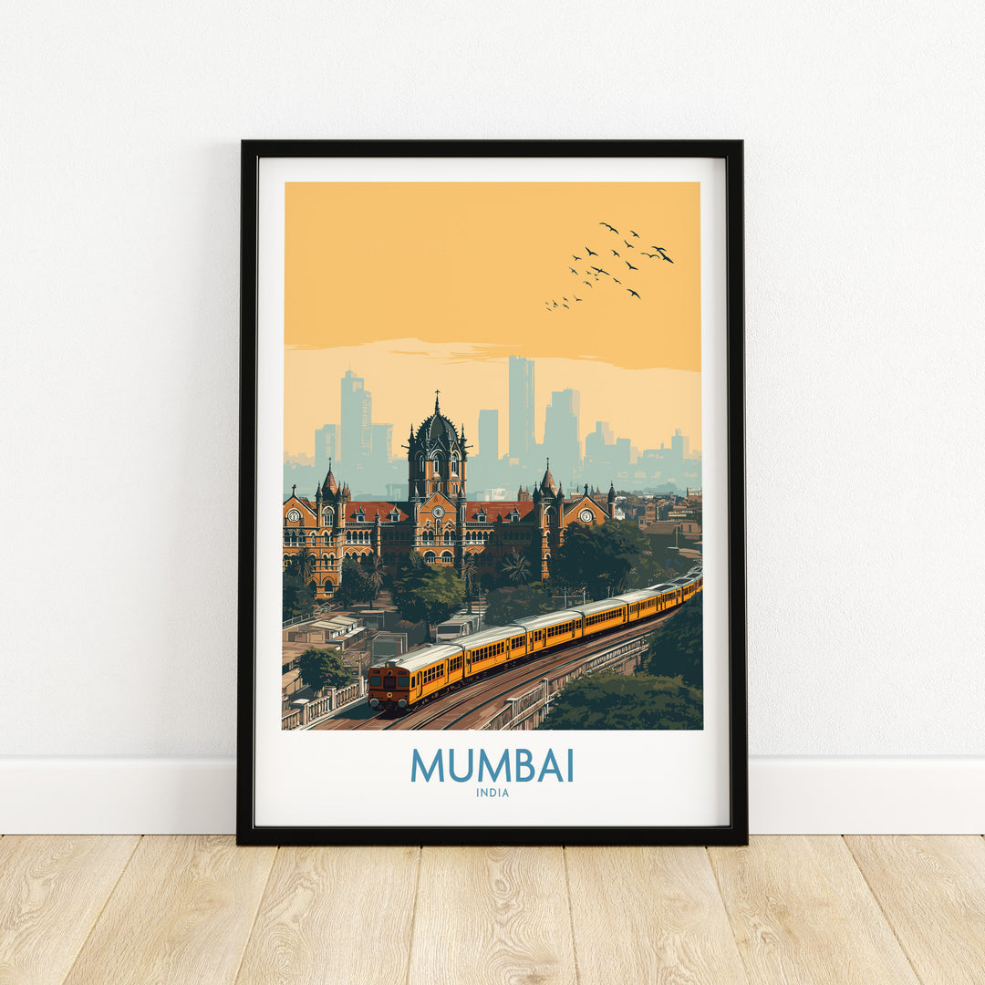 Mumbai wall art featuring cityscape and train, perfect for urban India travel decor.
