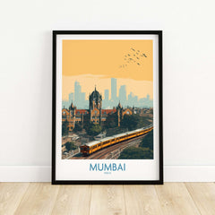 Mumbai India Wall Art - Urban India Travel Decor featuring a colorful cityscape and train.