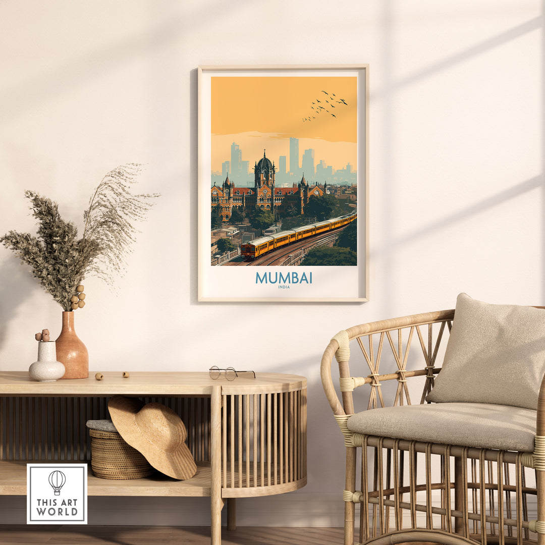 Mumbai wall art showcasing cityscape in warm tones, ideal for urban travel decor in modern interiors.