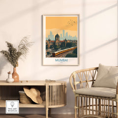 Mumbai India Wall Art - Urban India Travel Decor displayed in a modern home setting with a cozy chair and plant.