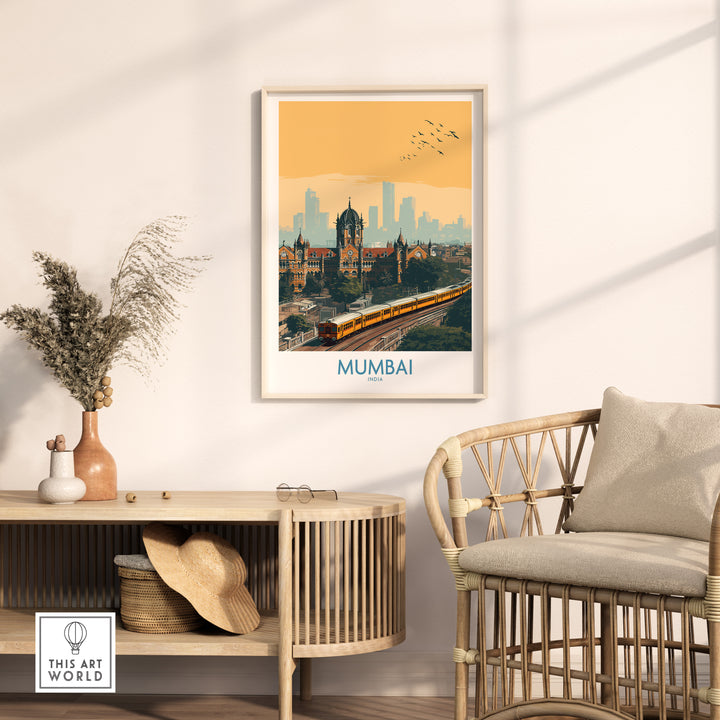 Mumbai wall art showcasing cityscape in warm tones, ideal for urban travel decor in modern interiors.