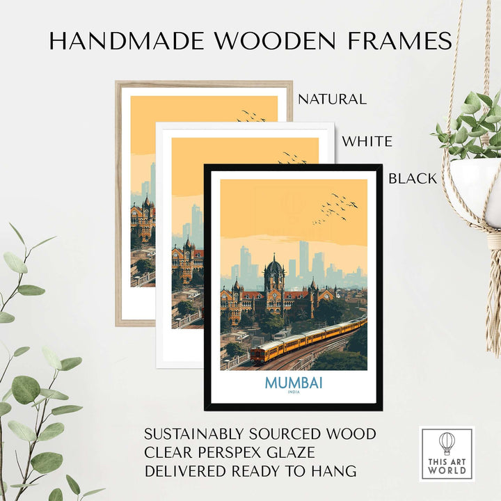 Handmade wooden frames in natural, white, and black for Mumbai wall art; sustainably sourced wood, ready to hang.
