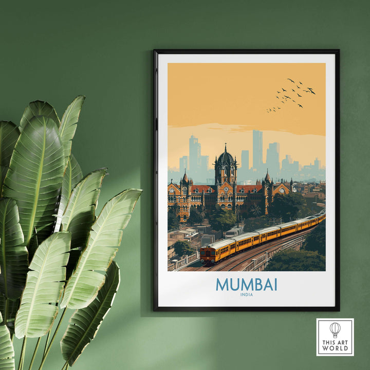 Mumbai wall art showcasing cityscape and train, vibrant urban India decor for travel enthusiasts.