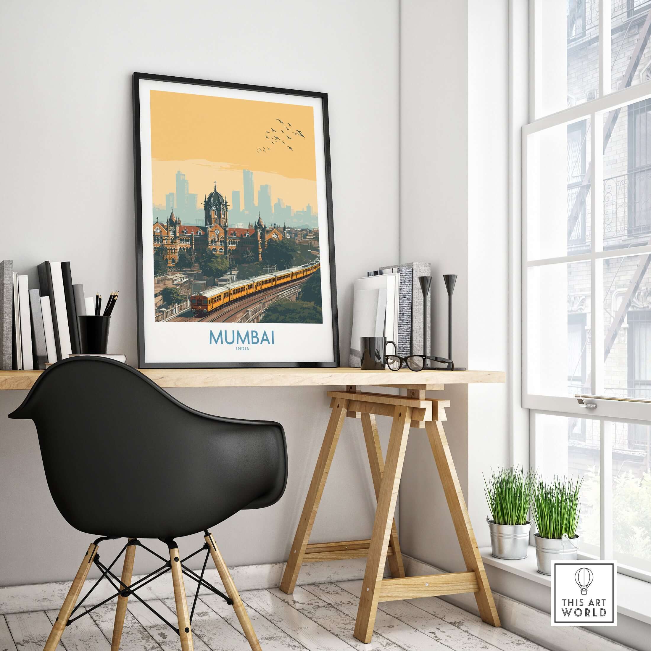 Mumbai India Wall Art - Urban India Travel Decor showcased in a modern workspace with city landscape.