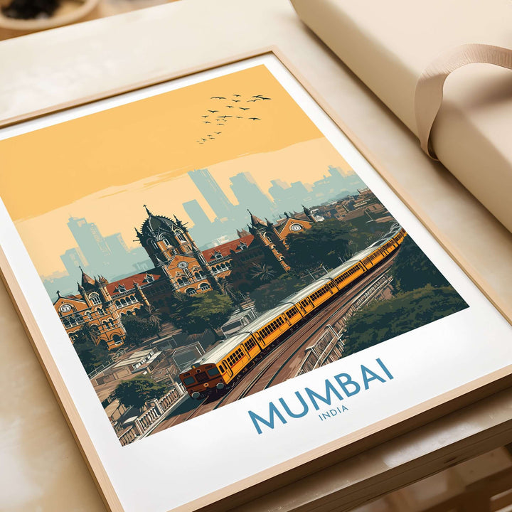 Mumbai India wall art featuring vibrant cityscape and train, perfect urban travel decor for home.