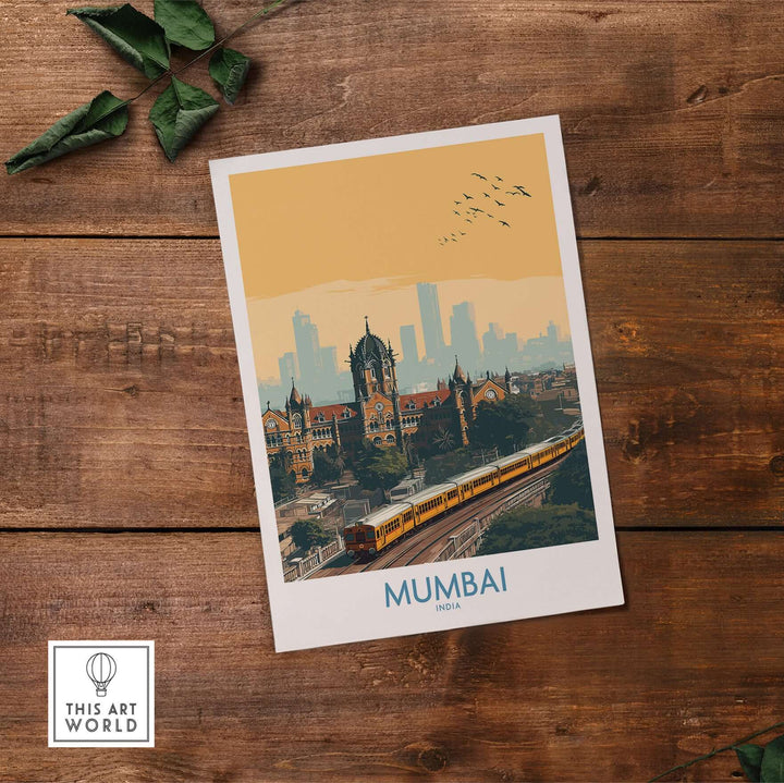 Mumbai wall art showcasing city skyline and train, vibrant urban decor for travel enthusiasts.