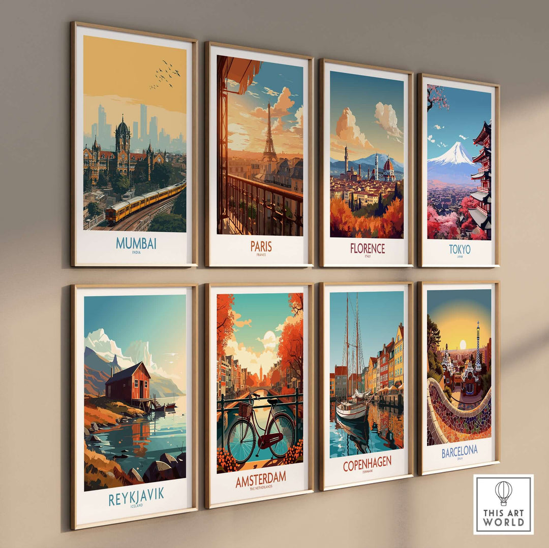 Gallery of urban travel art featuring iconic landmarks from Mumbai, Paris, Florence, Tokyo, Reykjavik, Amsterdam, Copenhagen, and Barcelona.