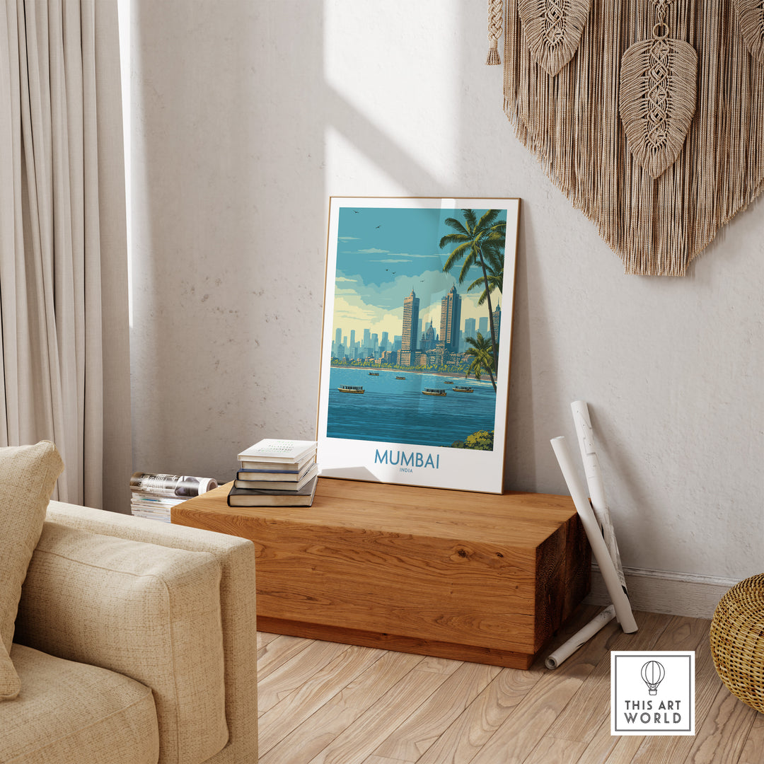 Mumbai oceanfront skyline poster displayed in a cozy living room, showcasing vibrant cityscape and coastal tranquility.