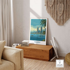 Mumbai India Oceanfront Skyline Poster - Indian Seashore Travel Decor displayed in a stylish living room setting.
