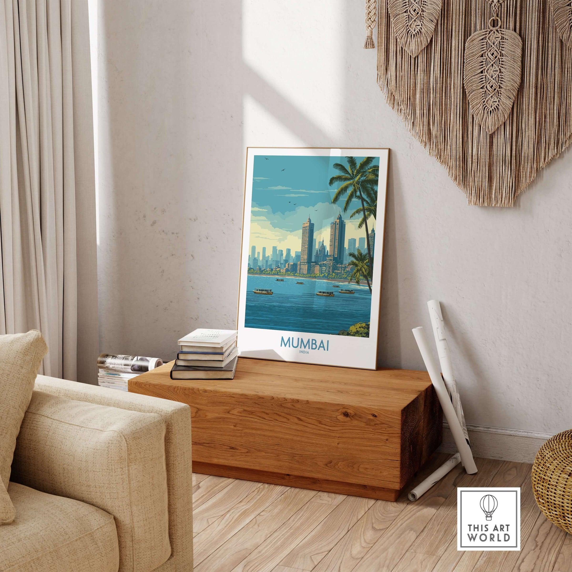 Mumbai India Oceanfront Skyline Poster - Indian Seashore Travel Decor displayed in a stylish living room setting.