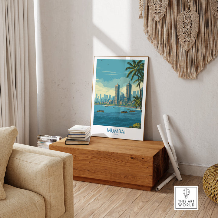 Mumbai oceanfront skyline poster displayed in a cozy living room, showcasing vibrant cityscape and coastal tranquility.