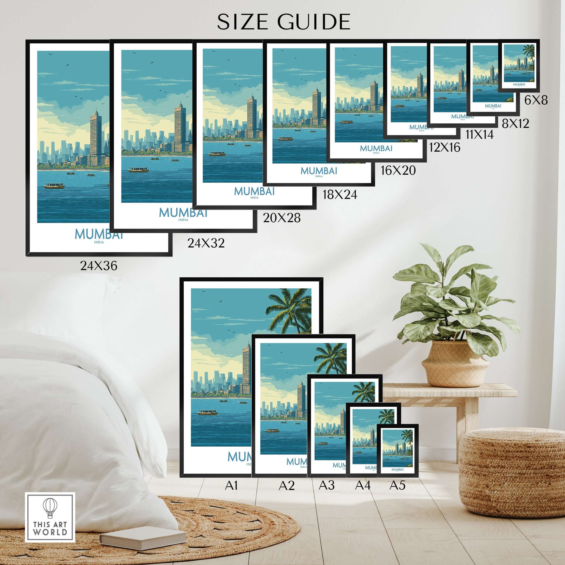 Mumbai India Oceanfront Skyline Poster - Indian Seashore Travel Decor size guide showcasing various frame options.