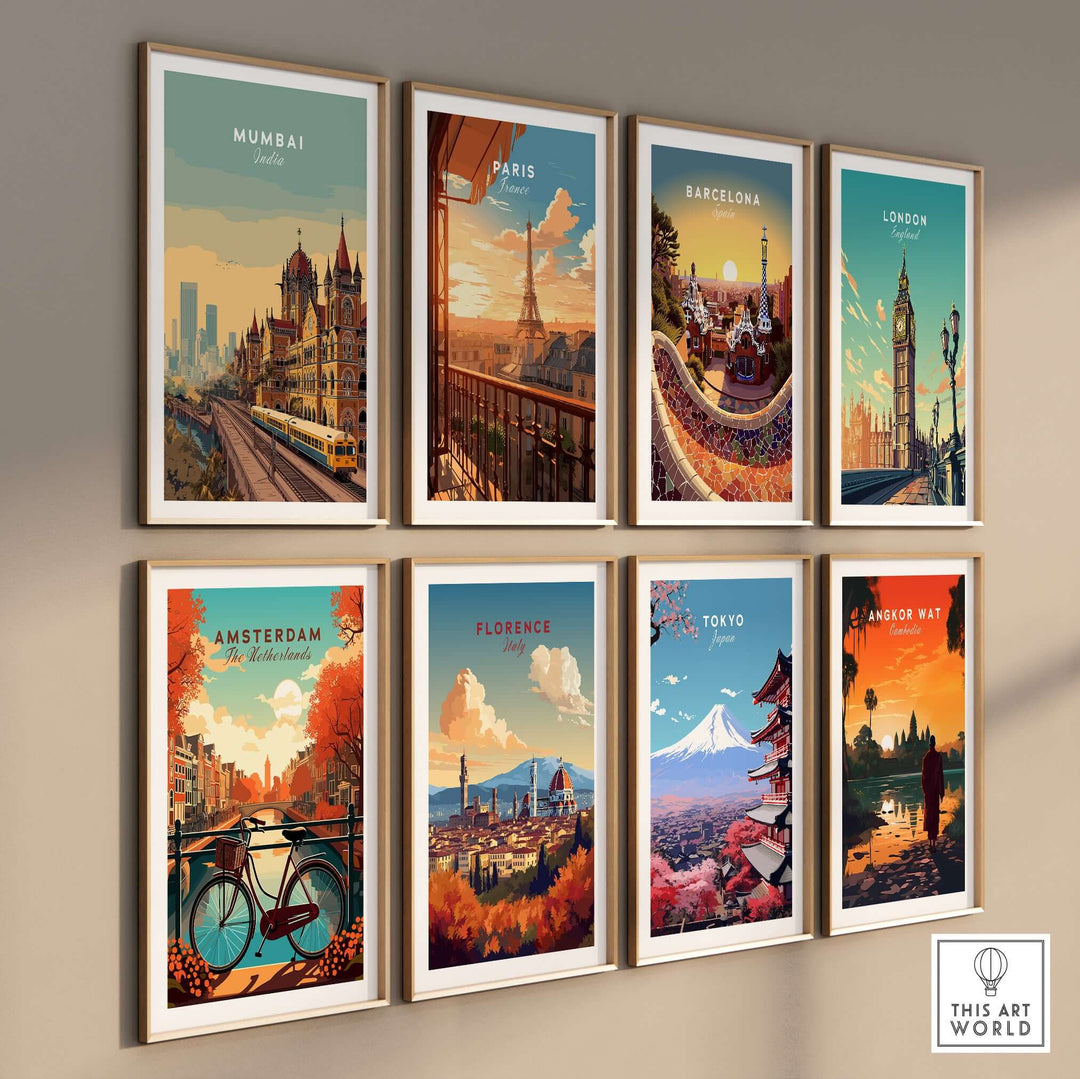 Collection of city posters including Mumbai, Paris, Barcelona, London, Amsterdam, Florence, Tokyo, and Angkor Wat.