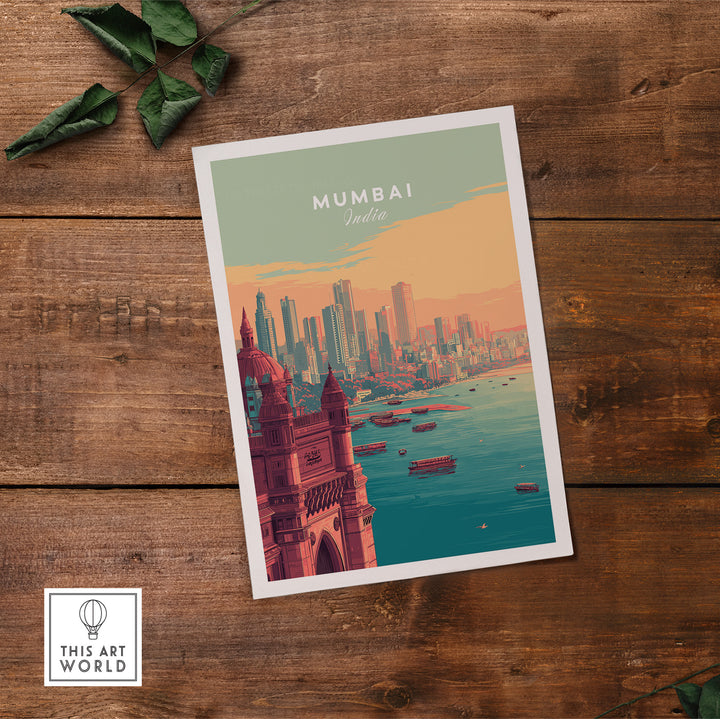 Mumbai skyline poster featuring the Gateway of India, vibrant modern cityscape wall art.