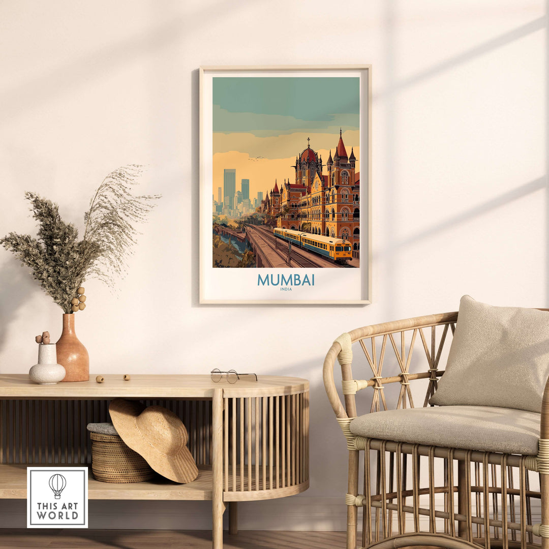 Mumbai Victorian architecture wall art framed in modern decor, showcasing the city skyline and colonial design.