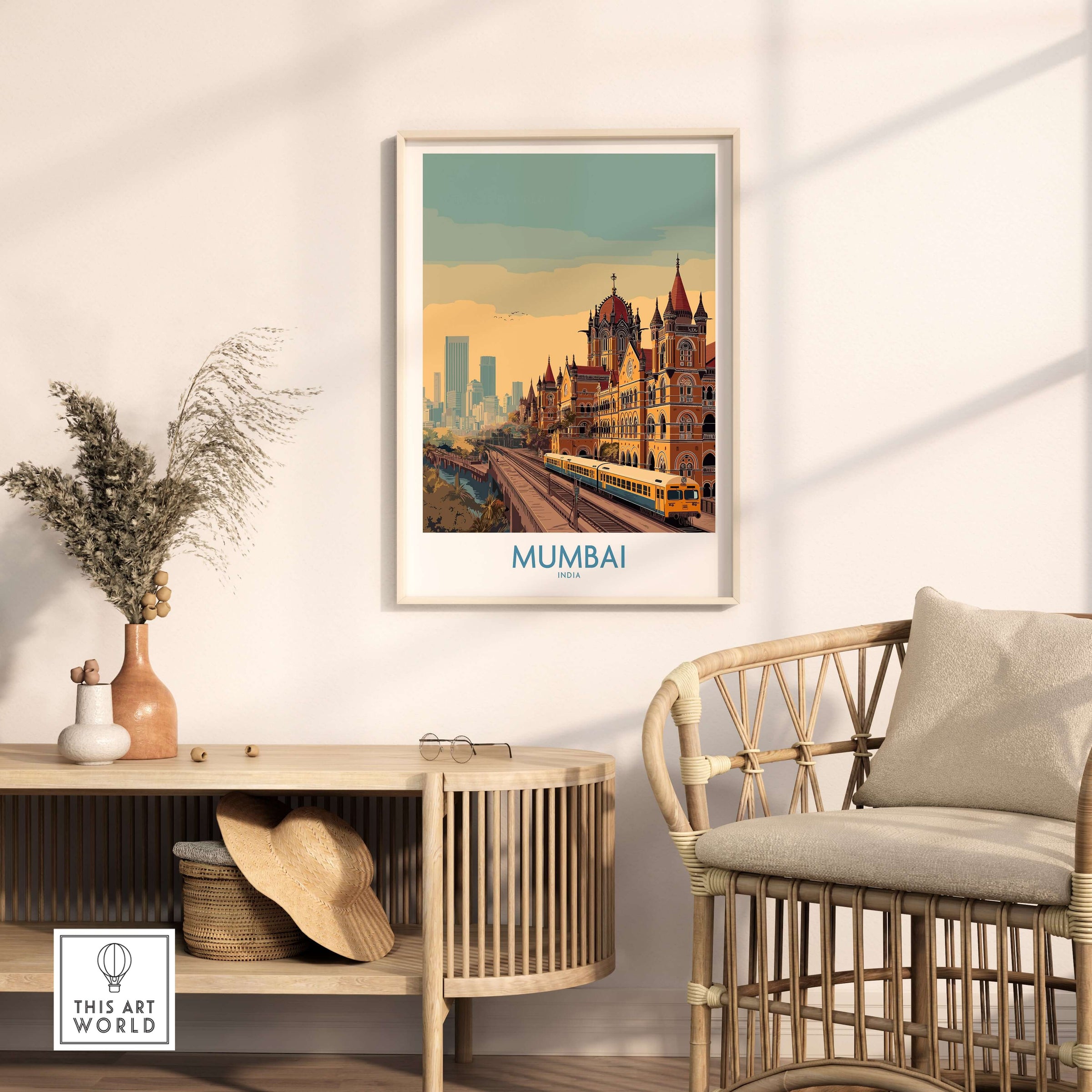 Mumbai India Victorian Architecture Wall Art - Indian Cityscape Decor in a stylish living room setting.