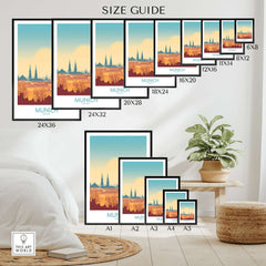 Size guide for Munich Print Germany showcasing various frame sizes on a stylish wall with a plant.