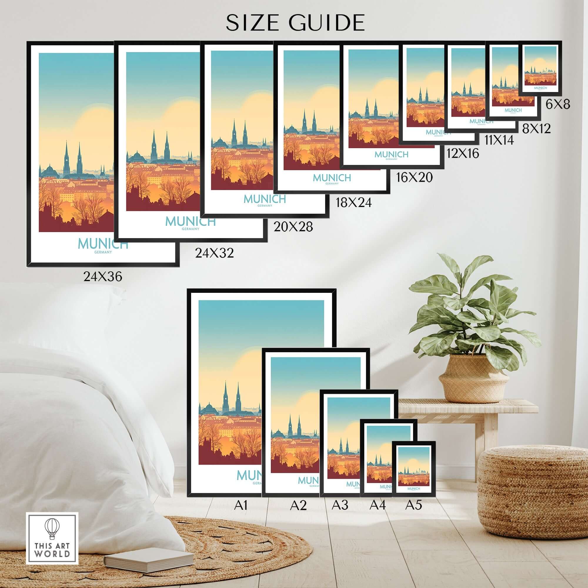 Size guide for Munich Print Germany showcasing various frame sizes on a stylish wall with a plant.