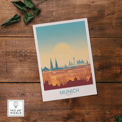 Munich Print Germany showcasing a vibrant illustration of Munich's skyline on a rustic wooden background.