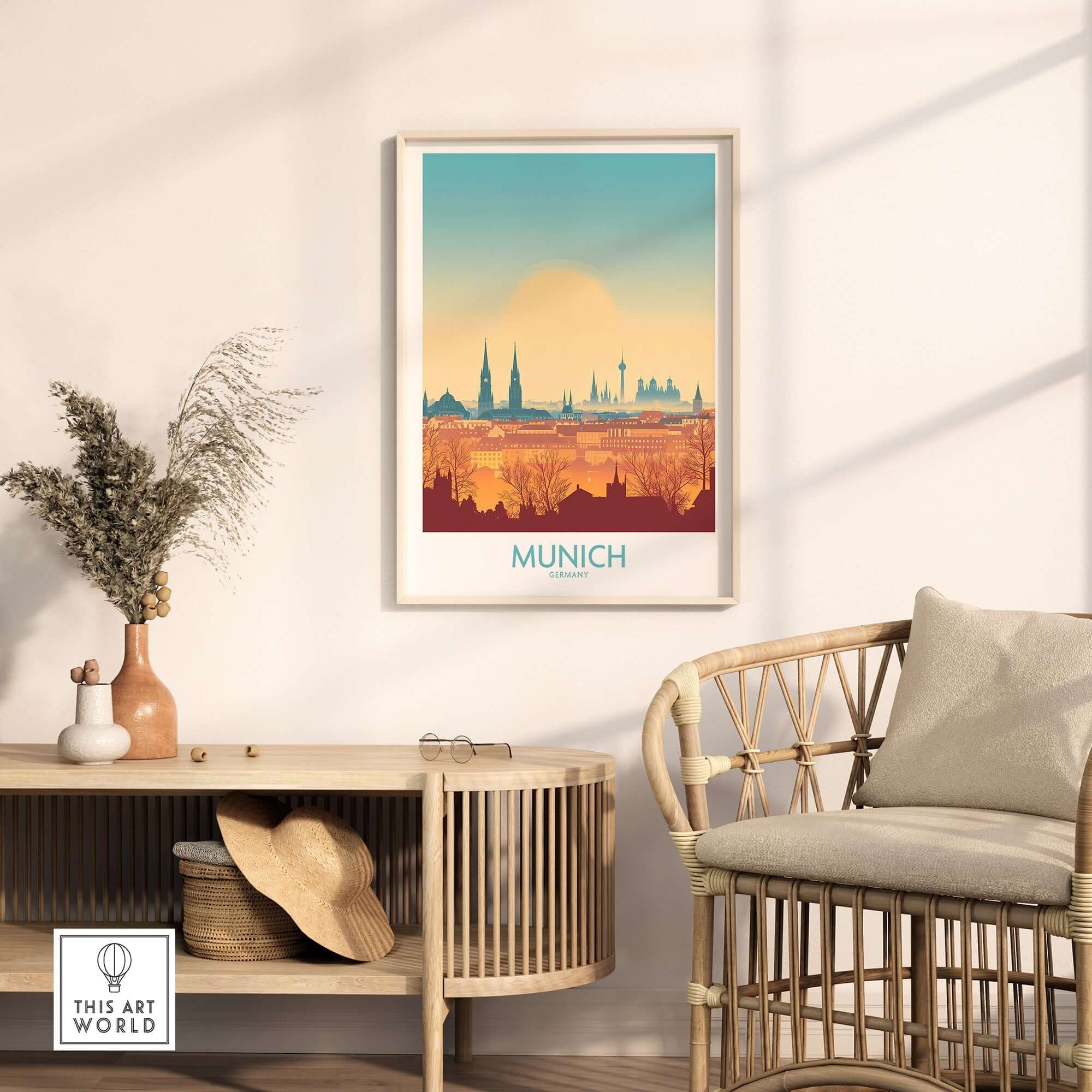 Munich Print Germany vibrant wall art in a stylish living room setting with bohemian decor