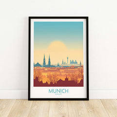 Munich Print Germany vibrant cityscape poster showcasing the beauty of Munich at sunset.