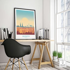 Munich Print Germany displayed in a stylish home office setting with a black chair and wooden table.