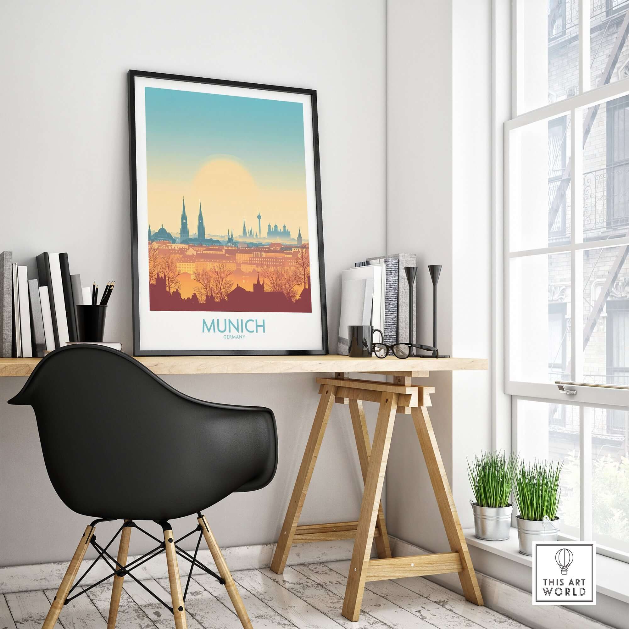Munich Print Germany displayed in a stylish home office setting with a black chair and wooden table.