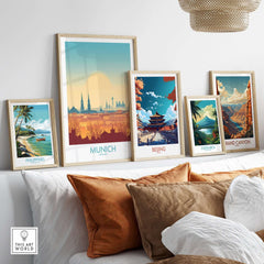 Munich Print Germany showcased among vibrant travel posters including Beijing, Costa Rica, and Philippines.