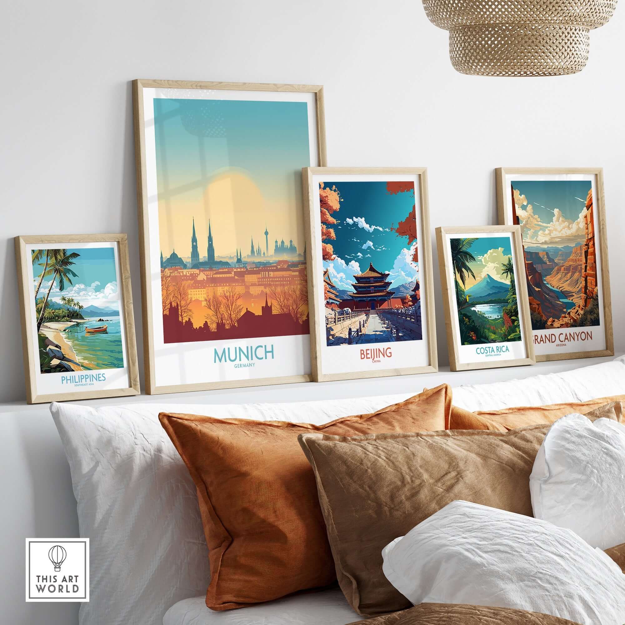 Munich Print Germany showcased among vibrant travel posters including Beijing, Costa Rica, and Philippines.
