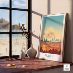 Munich Print Germany displayed in a sunlit room, showcasing the vibrant beauty of Munich and its iconic skyline.