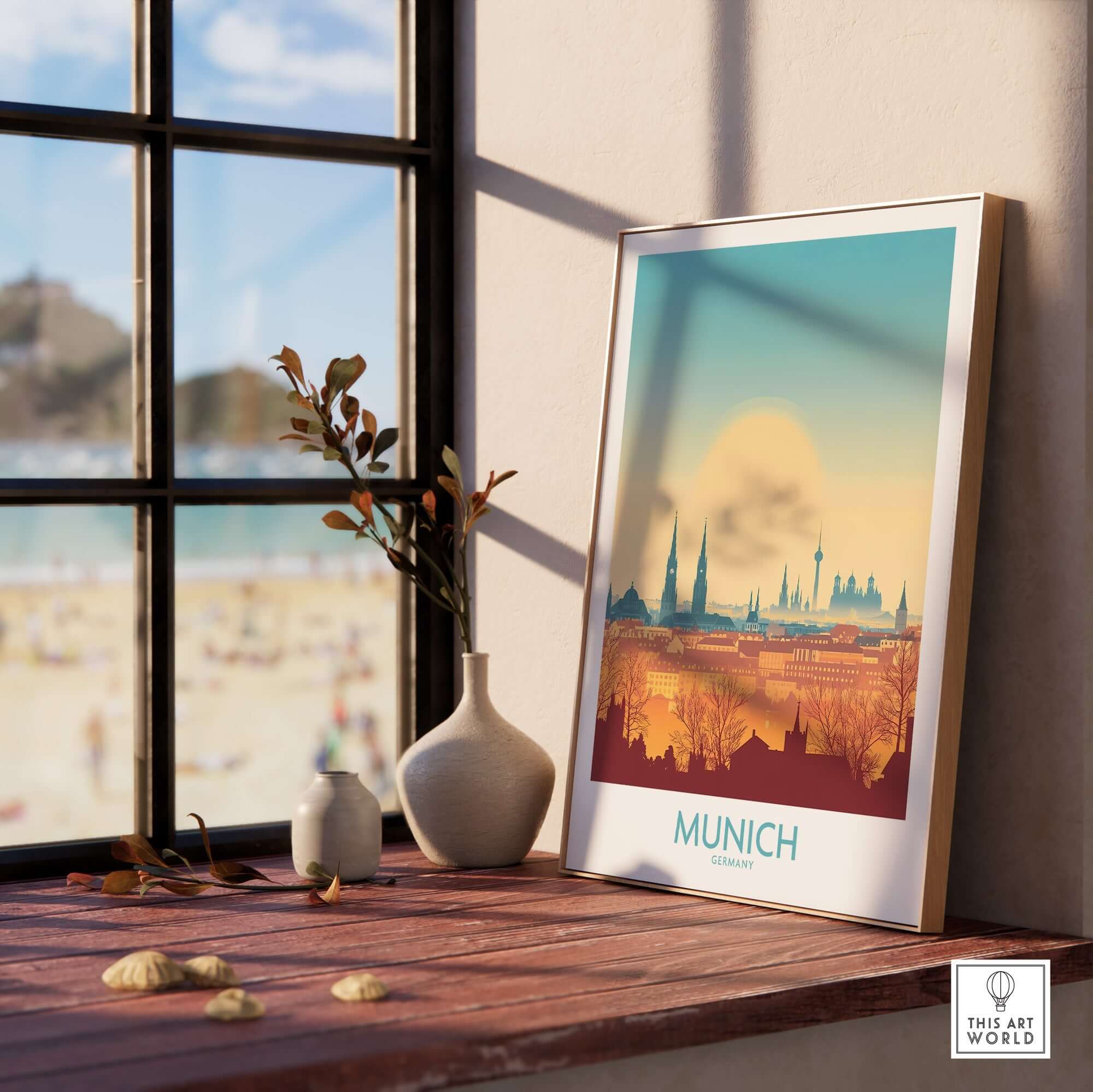 Munich Print Germany displayed in a sunlit room, showcasing the vibrant beauty of Munich and its iconic skyline.