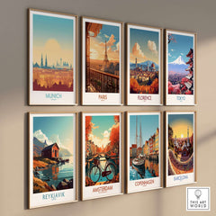 Munich Print Germany featured among various travel posters showcasing iconic cities like Paris and Tokyo.