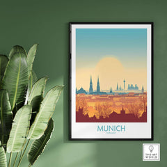 Munich Print Germany artwork featuring a city skyline in warm colors against a green wall.