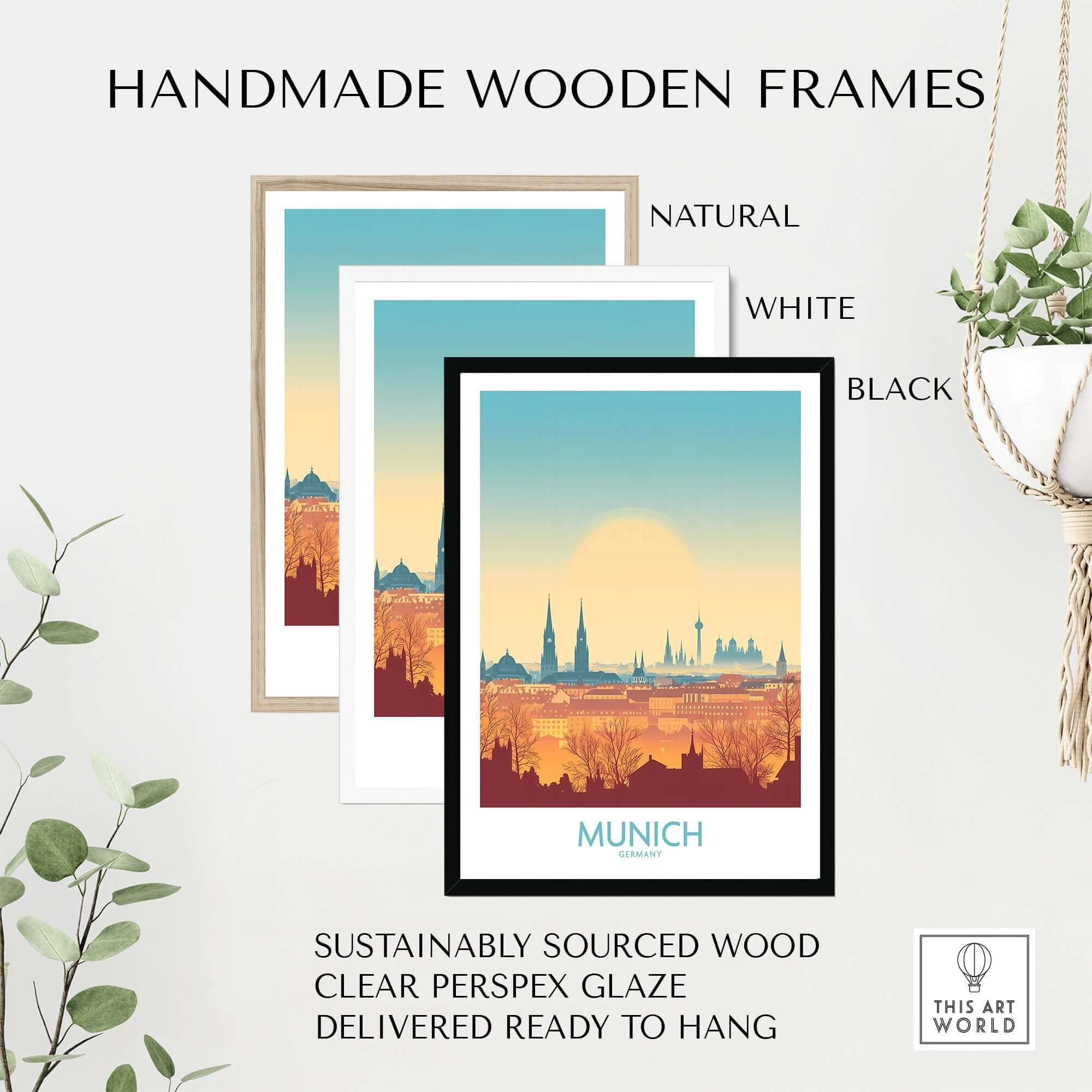 Handmade wooden frames in natural, white, and black colors featuring Munich Print Germany.