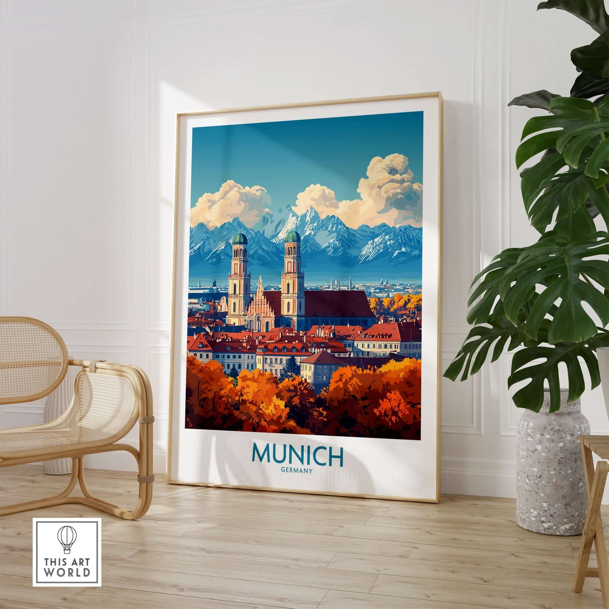 Munich Travel Poster featuring iconic landmarks and vibrant colors of Munich, Germany, in a beautifully framed wall art.