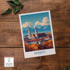 Munich Travel Poster showcasing Munich's iconic landmarks and vibrant colors against a backdrop of mountains.