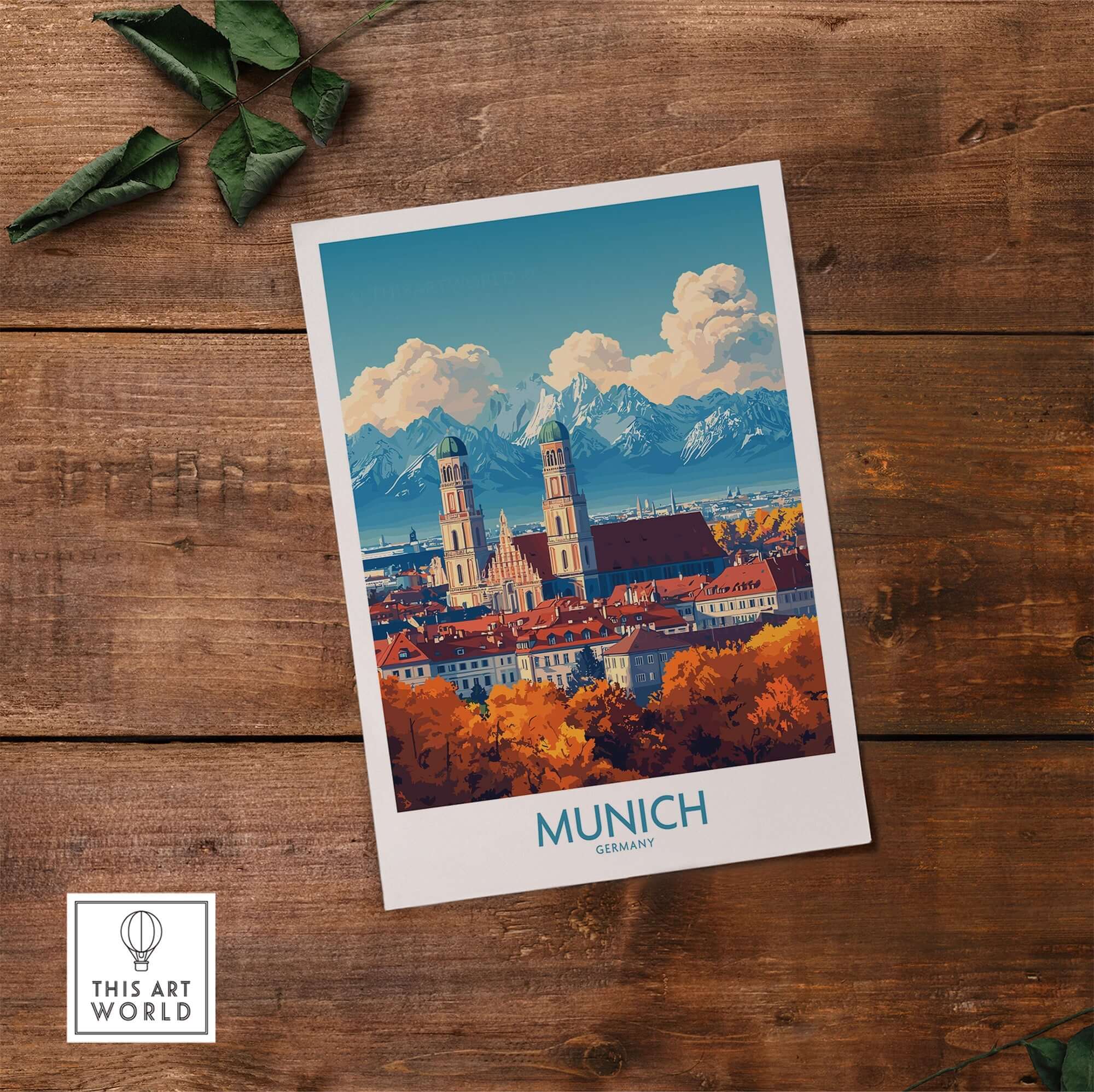 Munich Travel Poster showcasing Munich's iconic landmarks and vibrant colors against a backdrop of mountains.