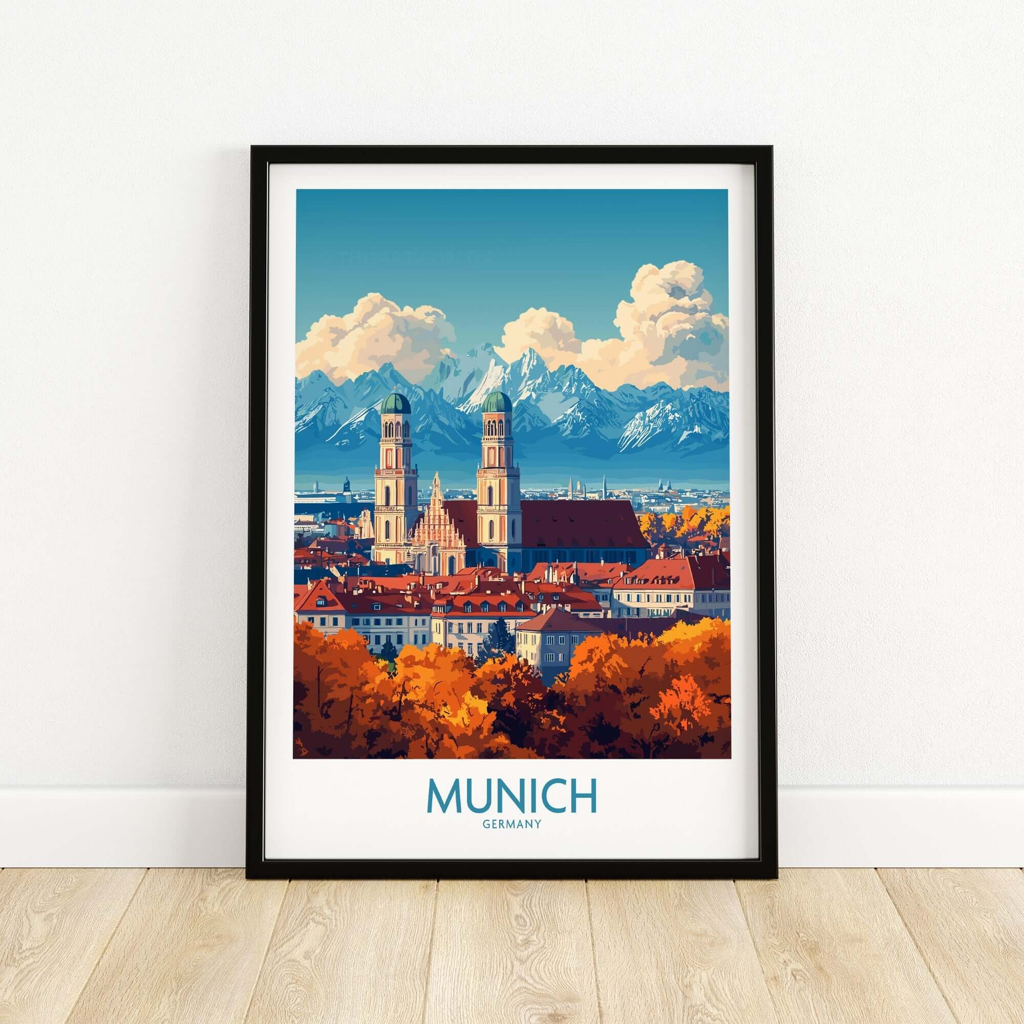 Munich Travel Poster featuring iconic towers and mountains, showcasing the vibrant beauty of Munich, Germany.