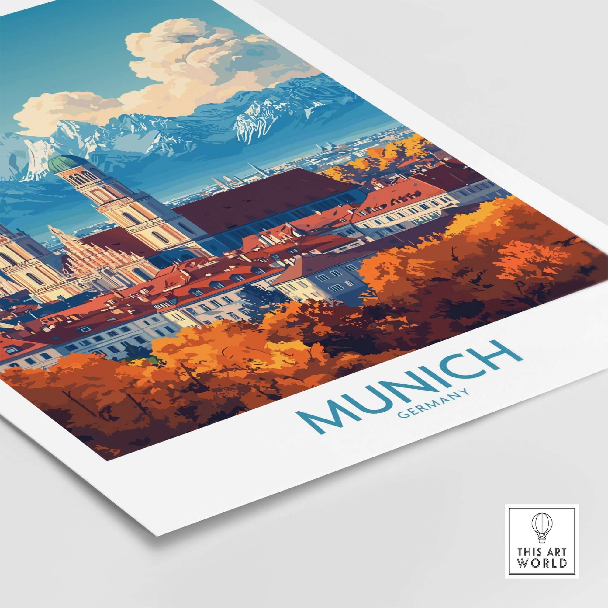 Munich Travel Poster featuring vibrant colors and iconic landmarks of Munich, Germany.