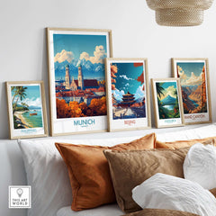 Munich Travel Poster displayed among other vibrant travel posters on a stylish wall.