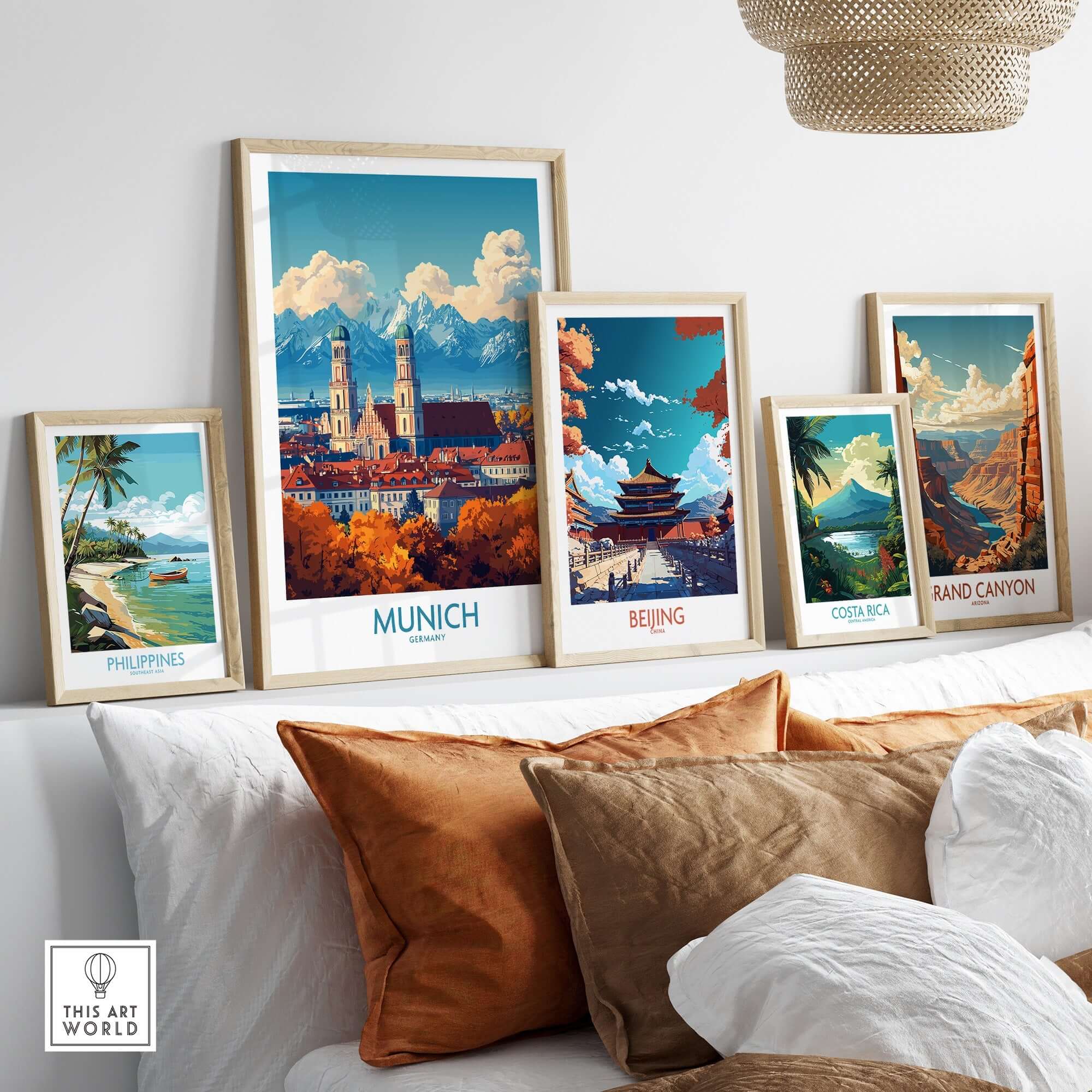 Munich Travel Poster displayed among other vibrant travel posters on a stylish wall.
