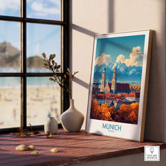Munich Travel Poster showcasing the city's landmarks and scenery, perfect for travel and art enthusiasts.