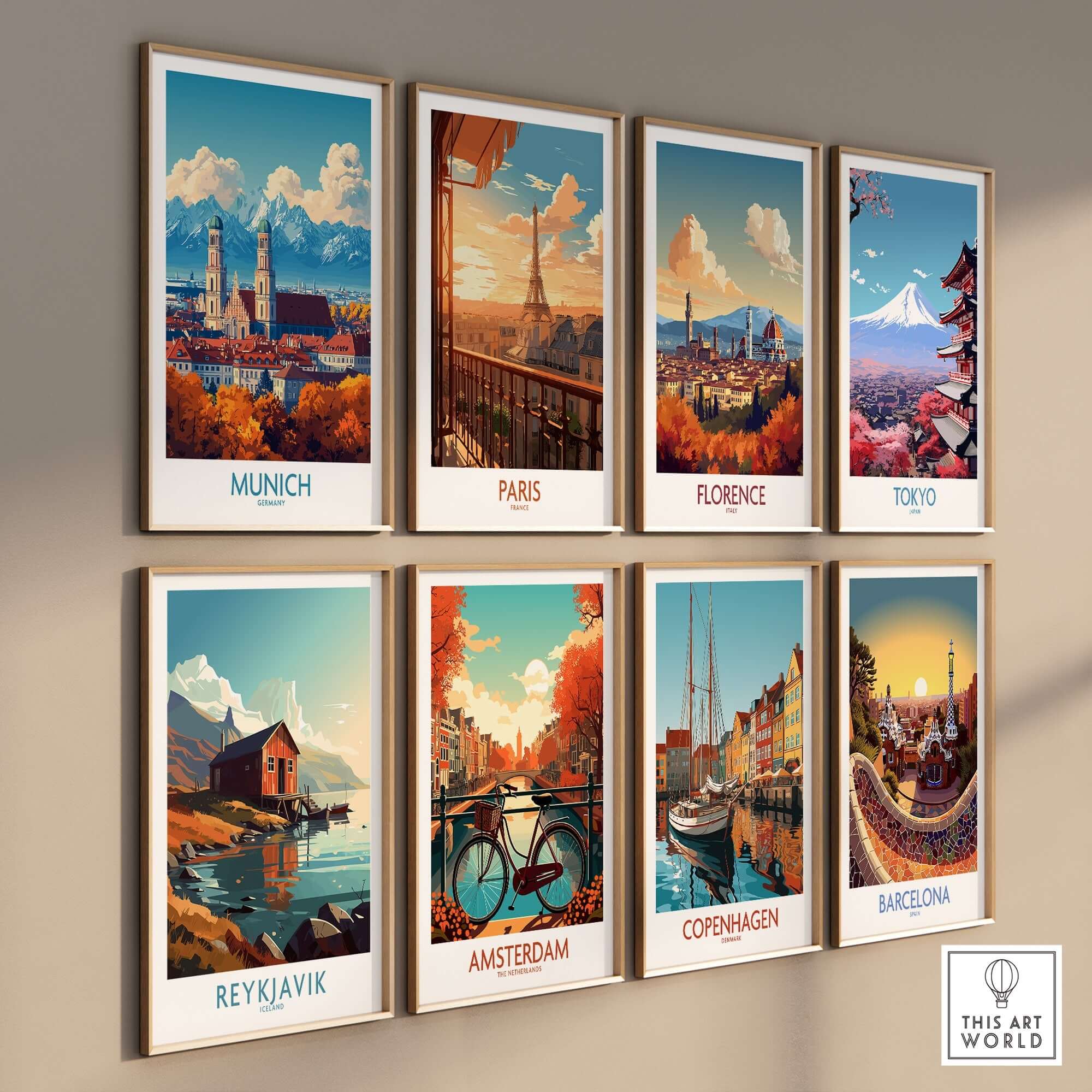 Munich Travel Poster and other city travel posters displayed on a wall in a stylish gallery layout.