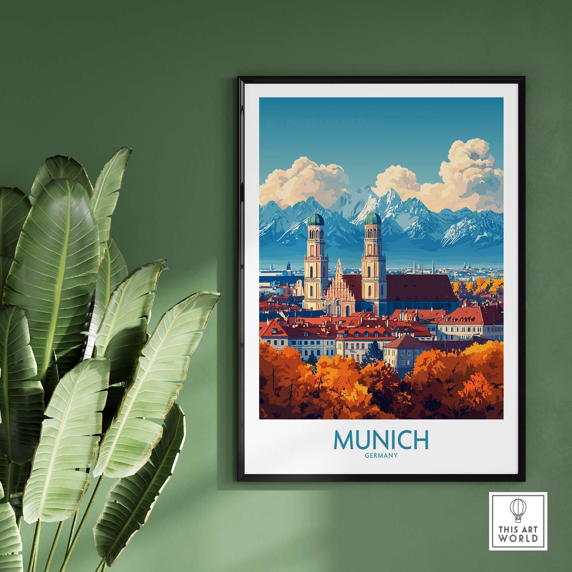 Munich Travel Poster showcasing vibrant cityscape with iconic landmarks and mountains in the background.