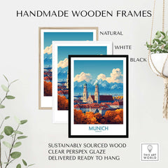 Munich Travel Poster displayed in handmade wooden frames in natural, white, and black finishes, featuring iconic Munich landmarks.