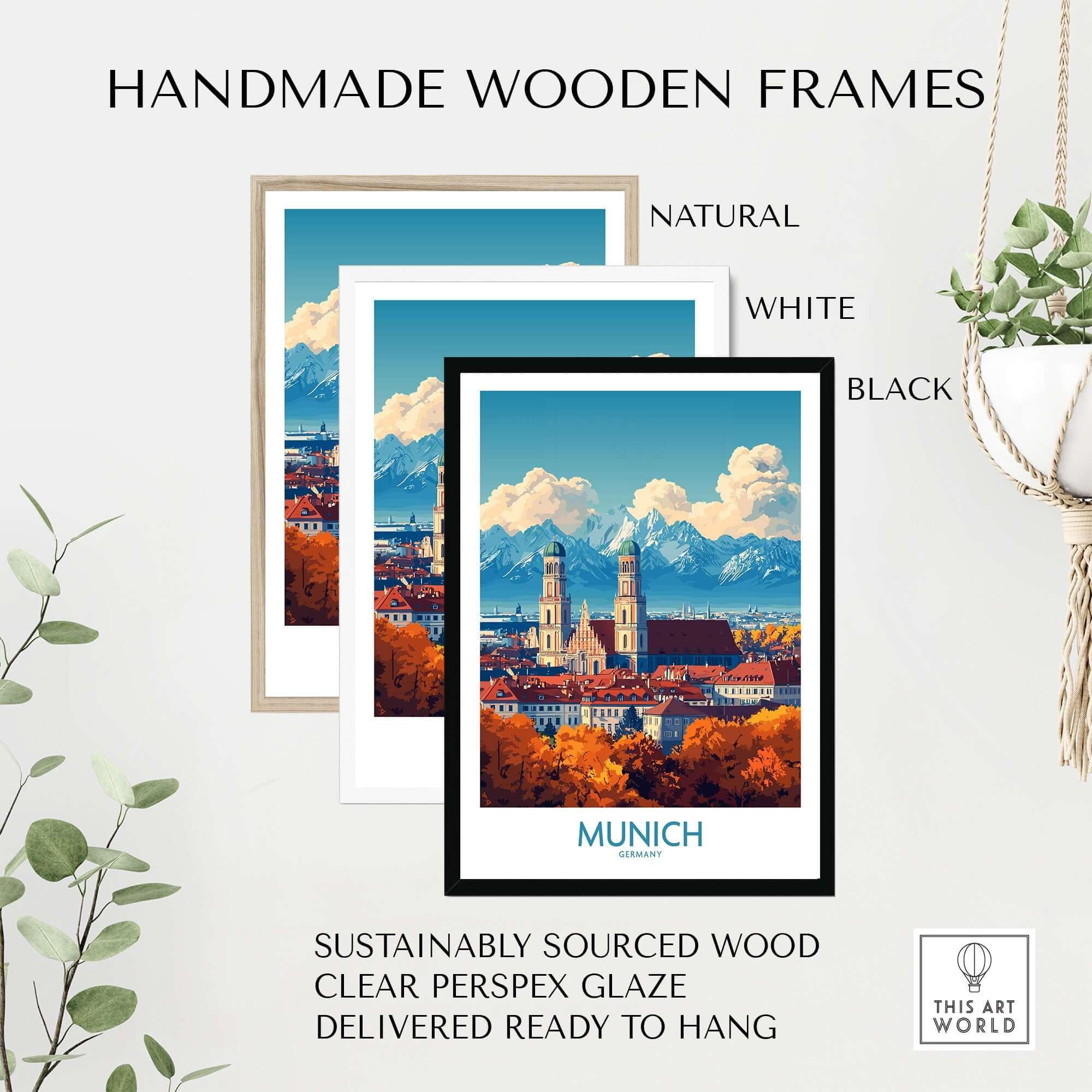 Munich Travel Poster displayed in handmade wooden frames in natural, white, and black finishes, featuring iconic Munich landmarks.